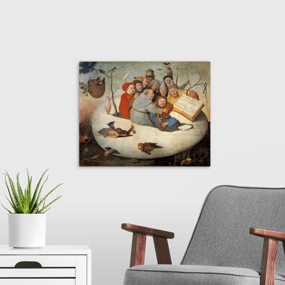 A modern room featuring The Concert in the Egg . Satire of alchemy symbolized by the philosophical egg. Painting after Jh...