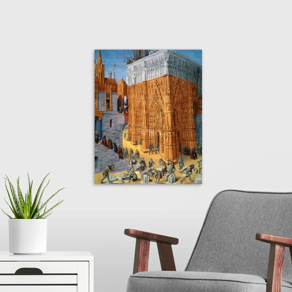 A modern room featuring The construction of the Temple of Jerusalem by King Solomon. The King attends the construction fr...