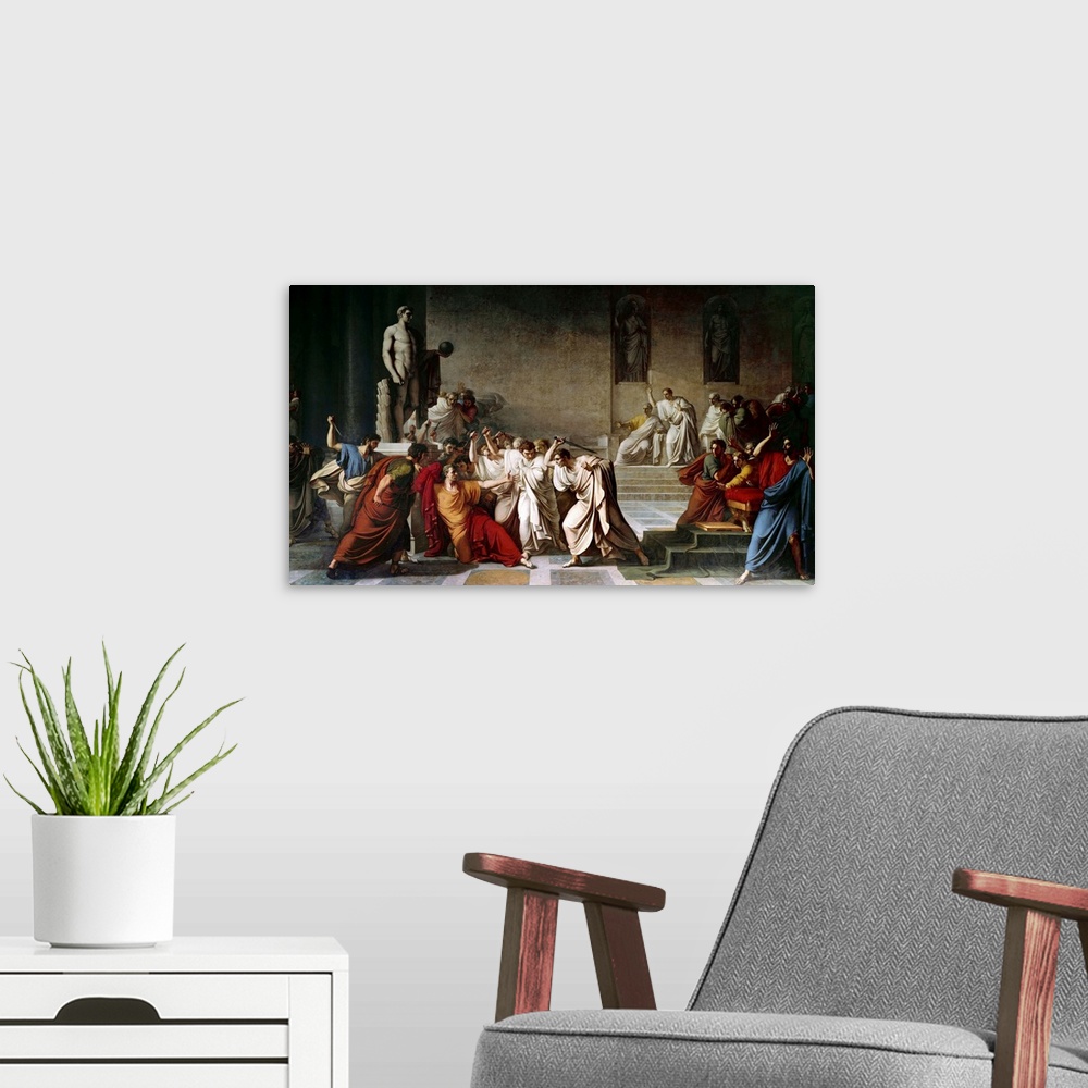 A modern room featuring The death of Julius Caesar in the Roman Senate - painting by Vincenzo Camuccini (1771-1844) Napol...