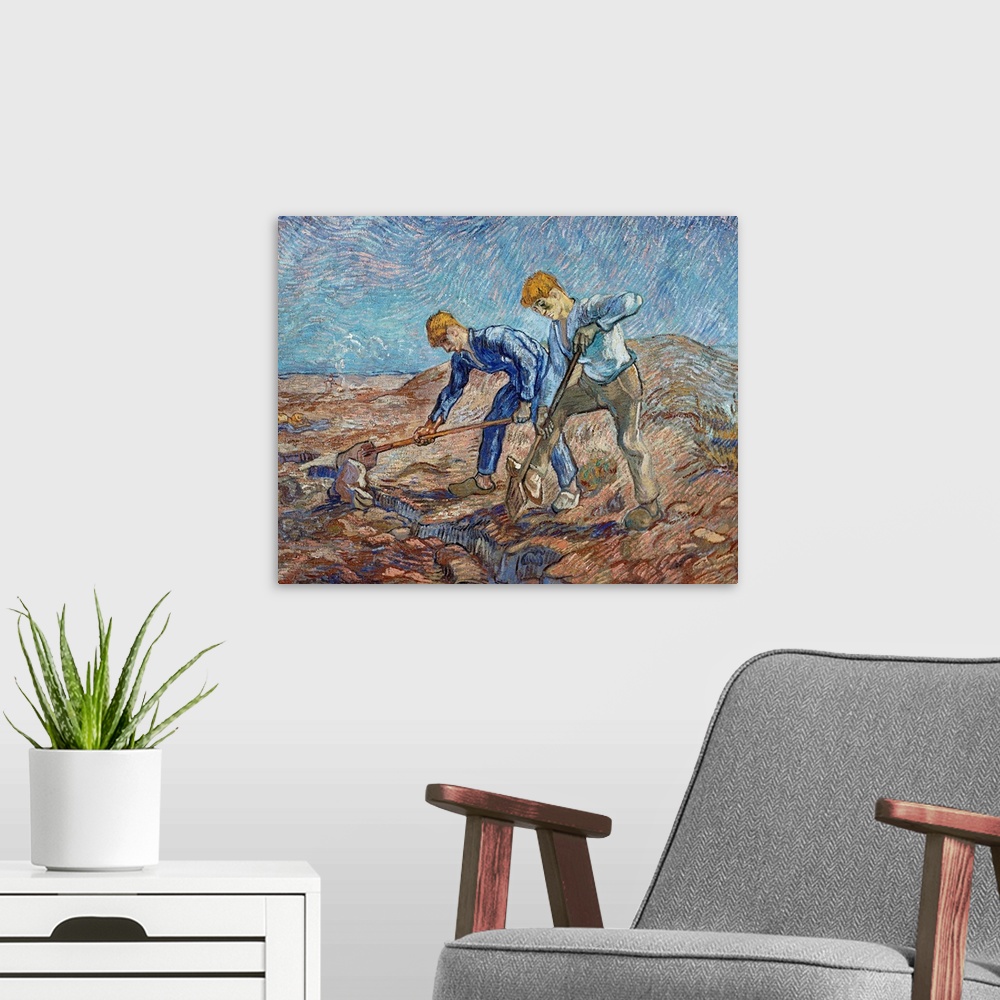 A modern room featuring The Diggers By Vincent Van Gogh