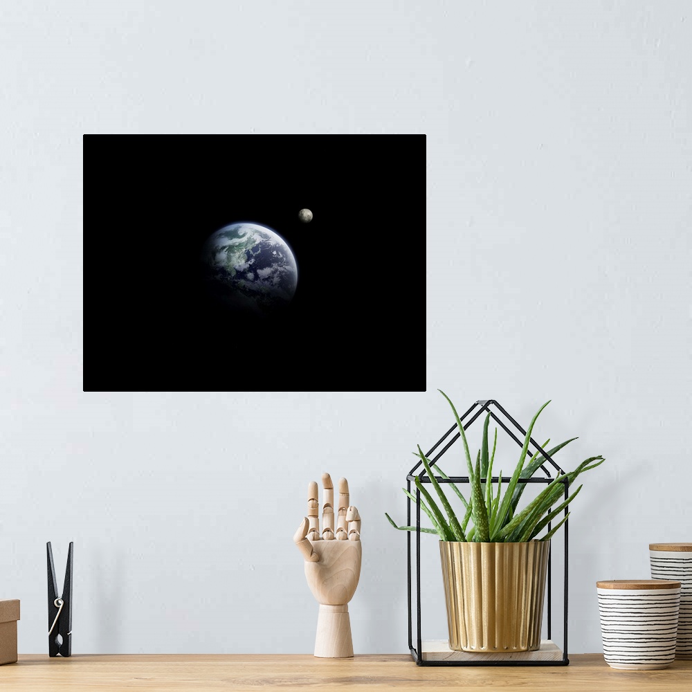 A bohemian room featuring The earth and the moon, computer graphic, black background, copy space