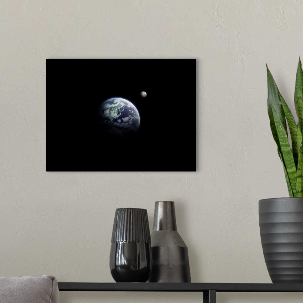 A modern room featuring The earth and the moon, computer graphic, black background, copy space