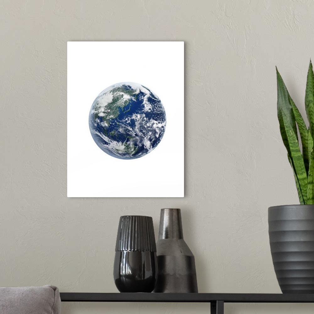 A modern room featuring The earth, computer graphic, white background, cut out