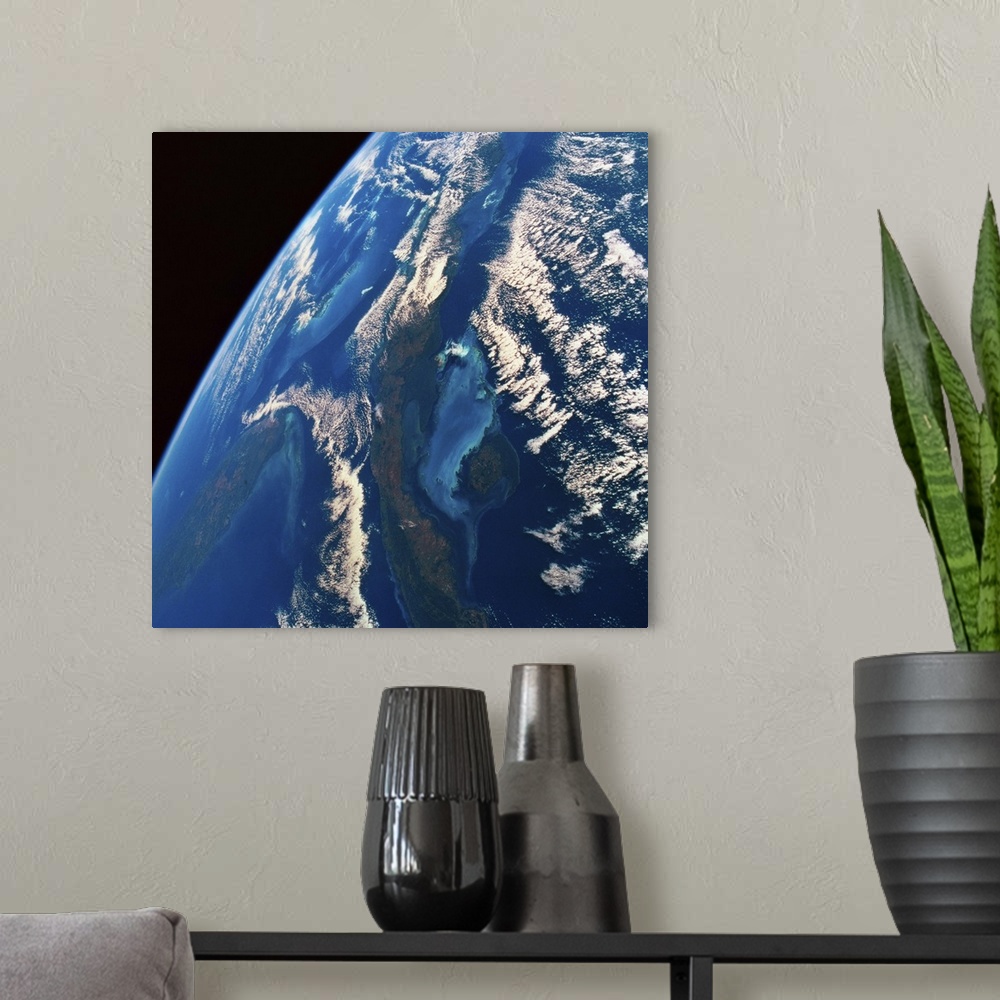 A modern room featuring The earth viewed from space
