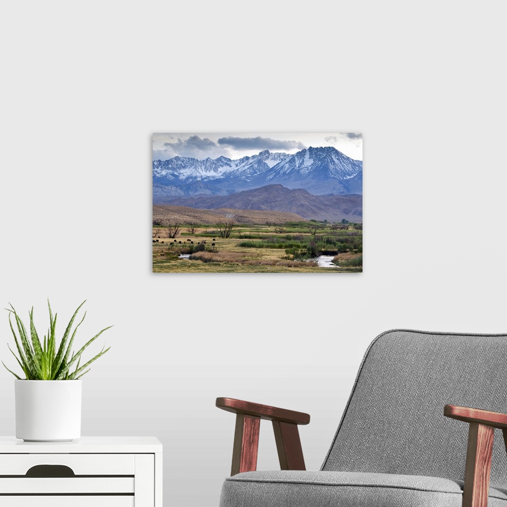 A modern room featuring The Eastern Sierra Nevada mountains rise above the Owens River just outside of Bishop, CA.