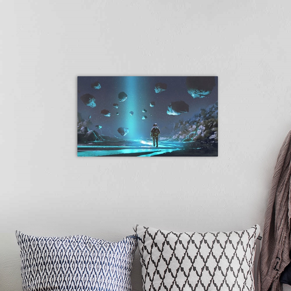 A bohemian room featuring Digital illustration of an astronaut on turquoise planet with glowing blue minerals.