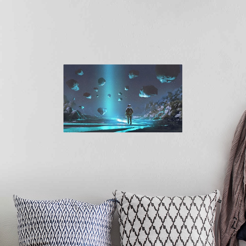 A bohemian room featuring Digital illustration of an astronaut on turquoise planet with glowing blue minerals.