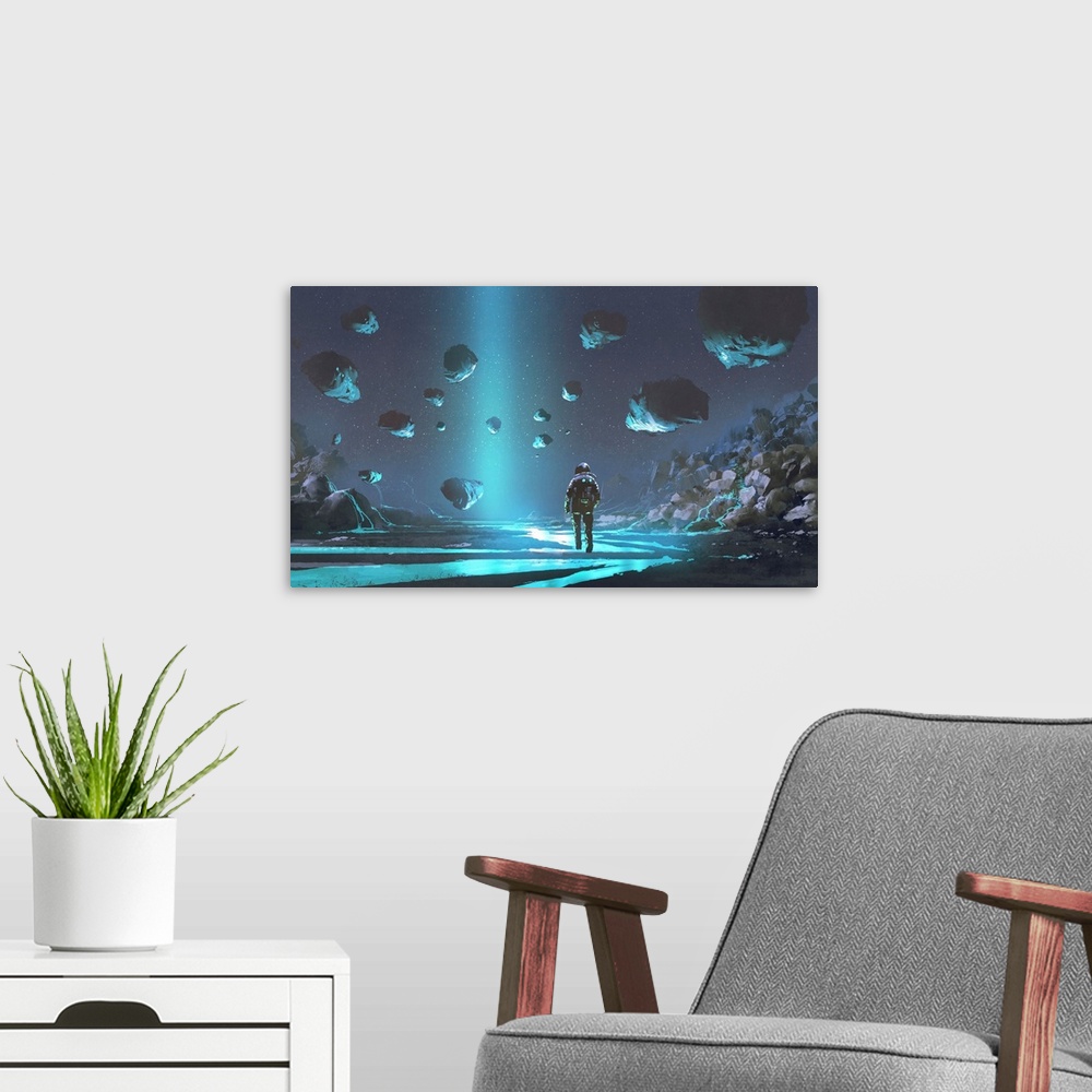 A modern room featuring Digital illustration of an astronaut on turquoise planet with glowing blue minerals.