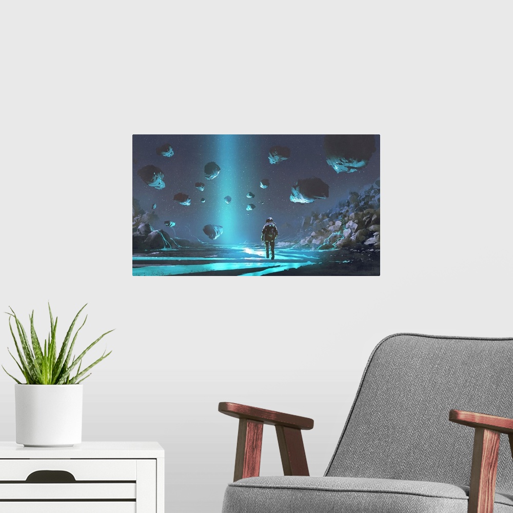 A modern room featuring Digital illustration of an astronaut on turquoise planet with glowing blue minerals.
