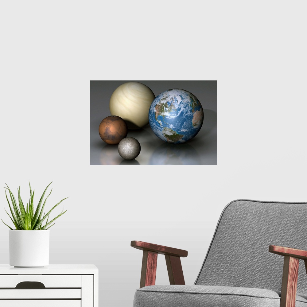 A modern room featuring : Earth is the largest with Venus in second place. Mars is only 53 the diameter of Earth and Merc...