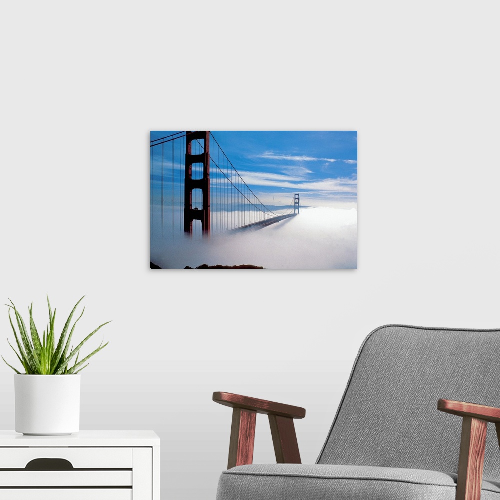 A modern room featuring The Golden Gate Bridge in fog in San Francisco, California, USA