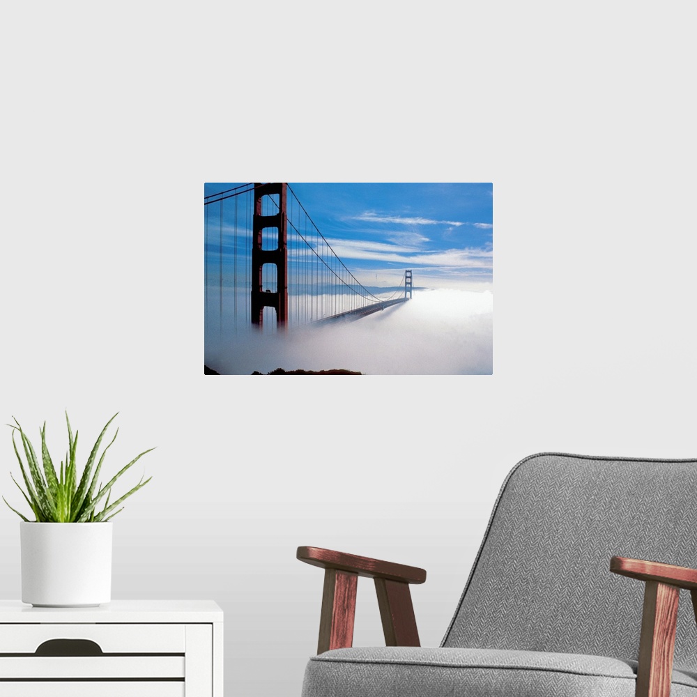 A modern room featuring The Golden Gate Bridge in fog in San Francisco, California, USA
