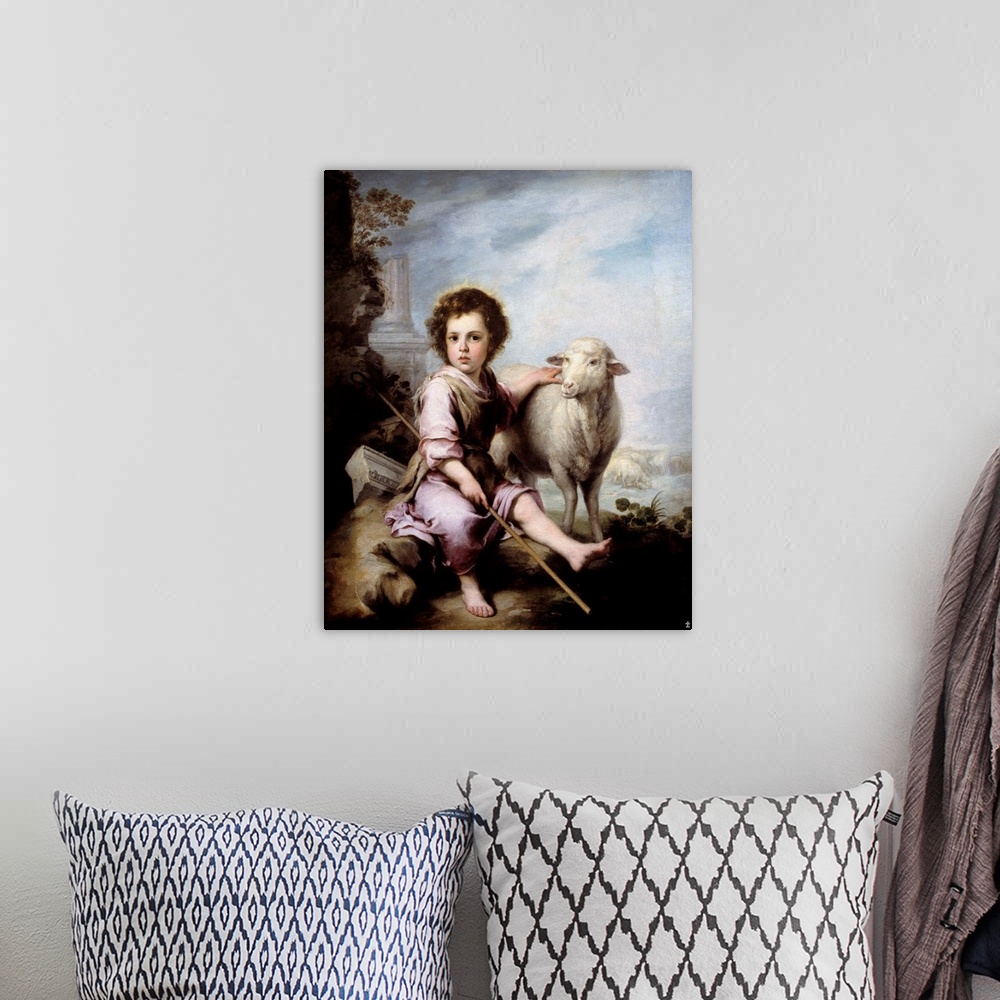 A bohemian room featuring The Good Shepherd. Painting by Bartolome Esteban Murillo (1618-1682) 17th century. 1,23 x 1,01 m....