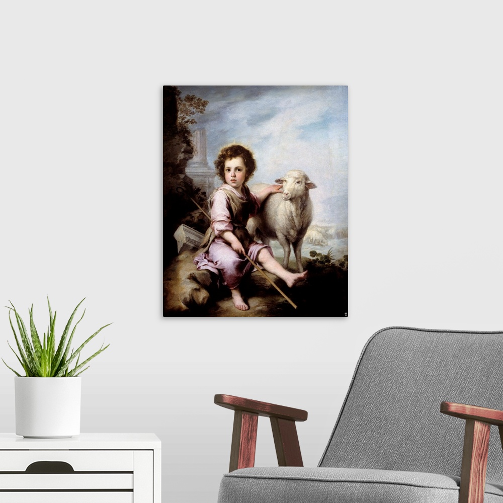 A modern room featuring The Good Shepherd. Painting by Bartolome Esteban Murillo (1618-1682) 17th century. 1,23 x 1,01 m....