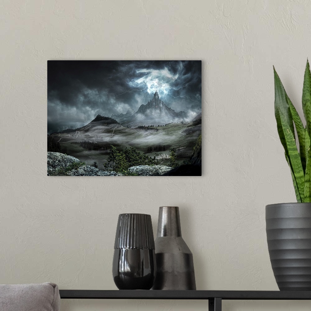 A modern room featuring Digital illustration of a dark castle with strong rays and lightning.