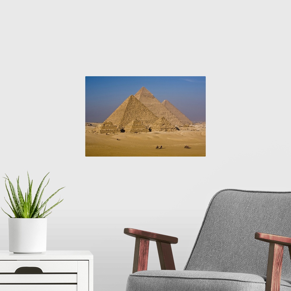 A modern room featuring The Great Pyramids of Giza, Egypt. This is the most well-known archeological landmark in the world.