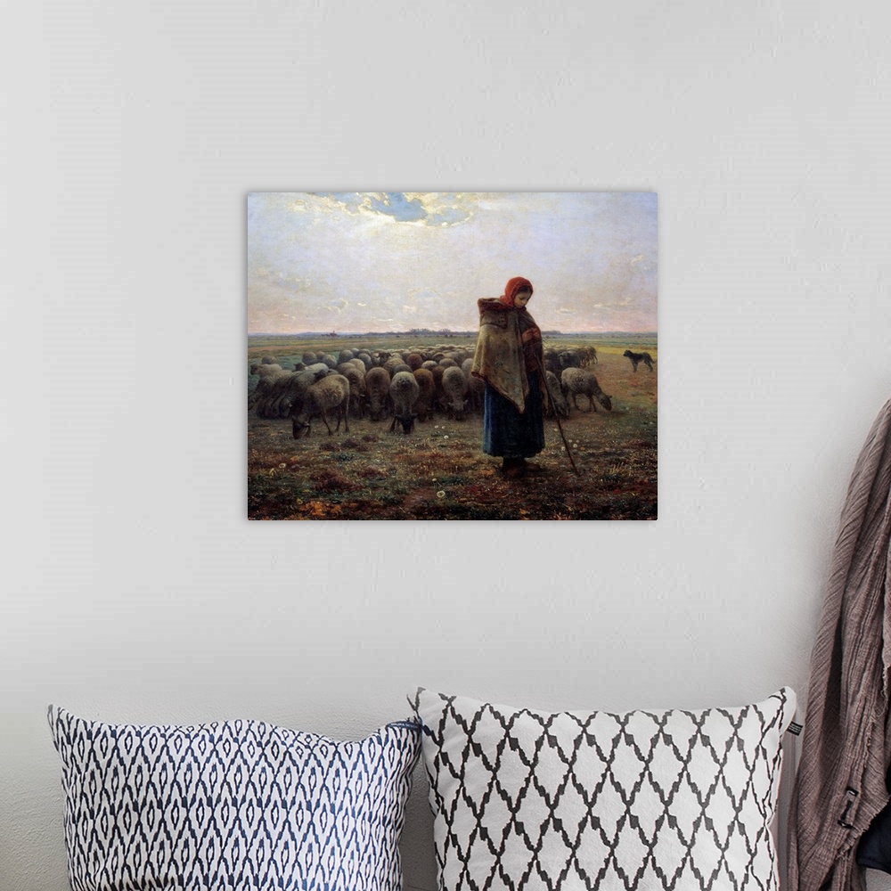 A bohemian room featuring Shepherdess with her flock called the great shepherdess. Painting by Jean Francois Millet (1814-1...