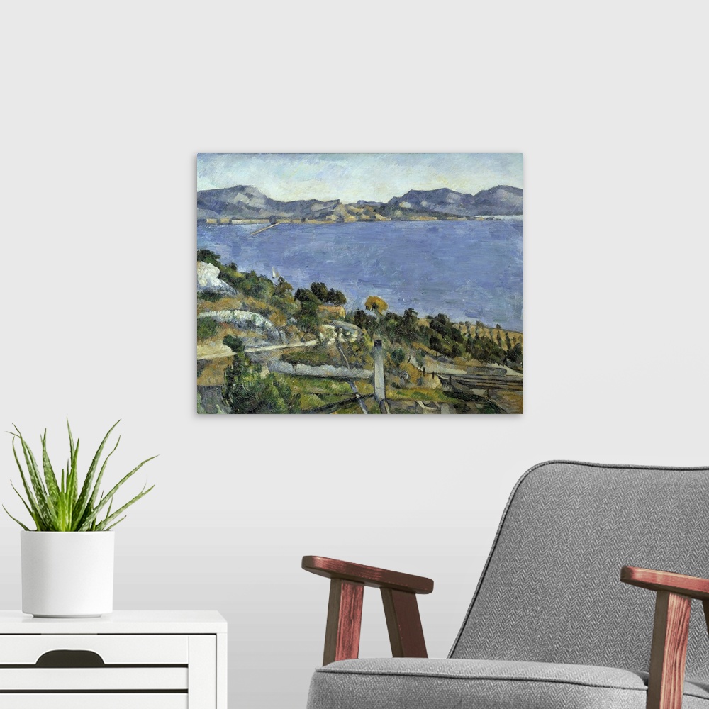 A modern room featuring The Gulf of Marseille seen from L'Estaque. Painting by Paul Cezanne (1839-1906), 1878. Orsay Muse...