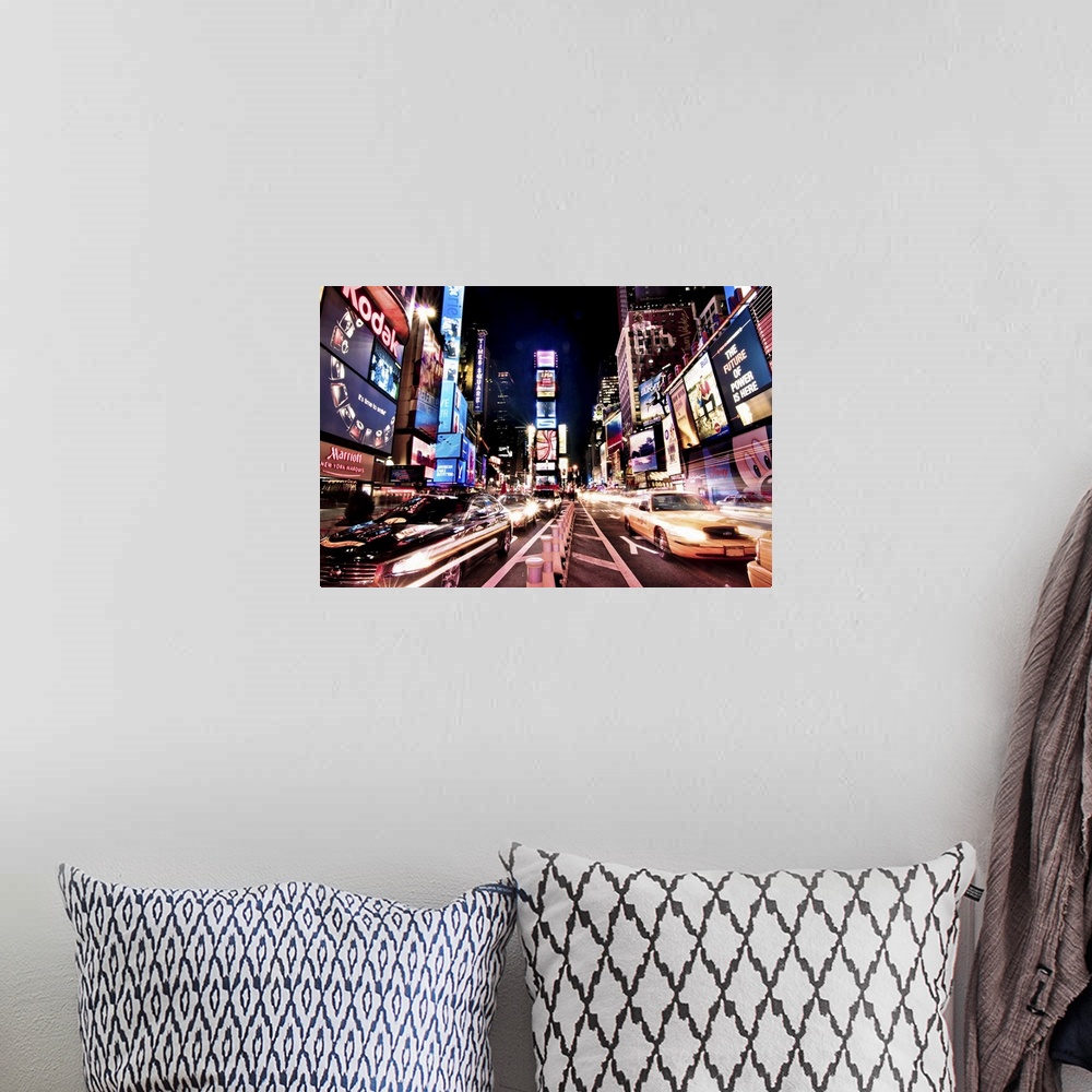 A bohemian room featuring Photograph of busy street at iconic city block in the "Big Apple."  The streets are lined by tall...