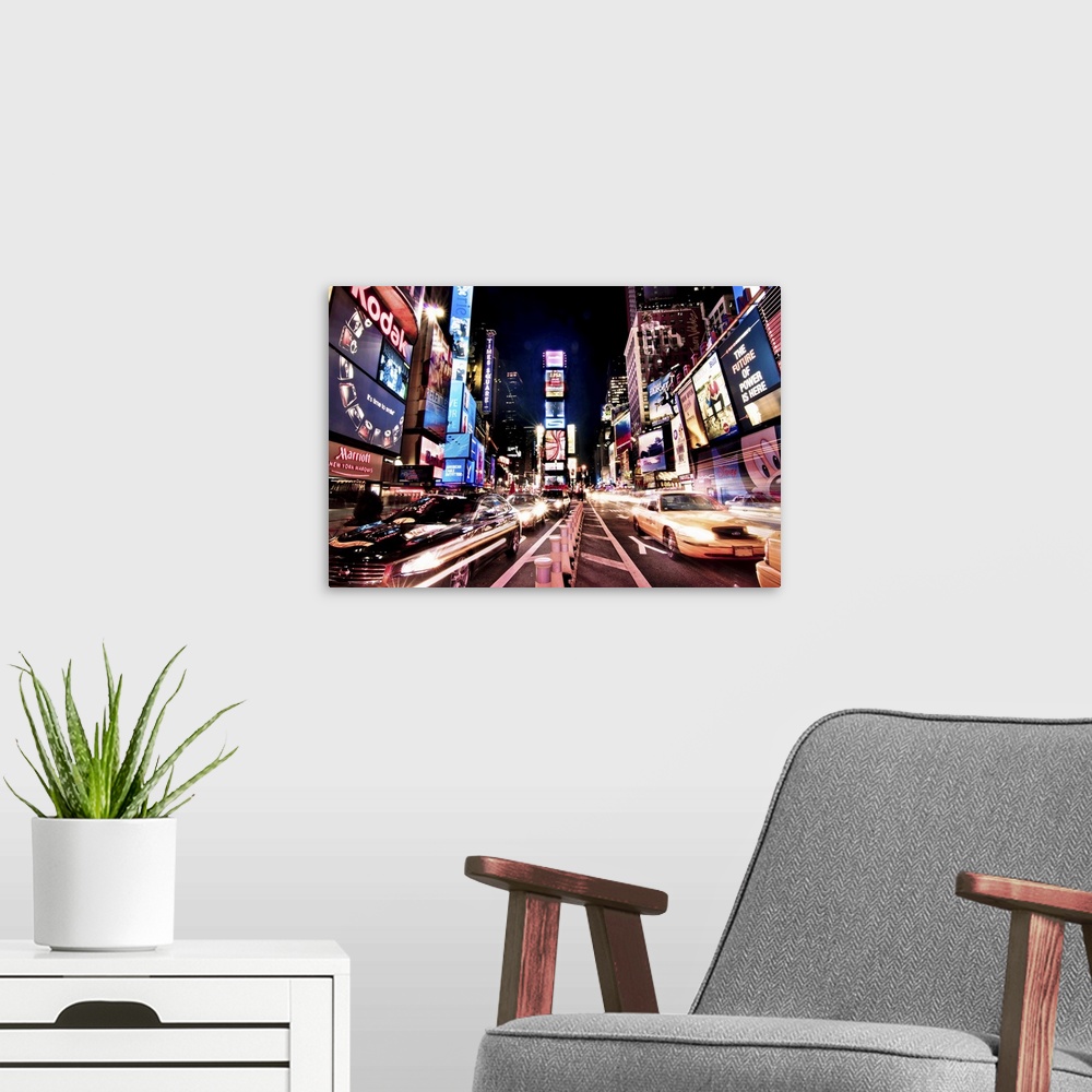 A modern room featuring Photograph of busy street at iconic city block in the "Big Apple."  The streets are lined by tall...
