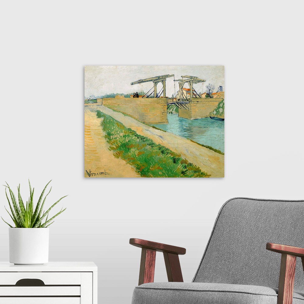 A modern room featuring Vincent van Gogh (Dutch, 1853-1890), The Langlois Bridge, 1888. Oil on canvas, 74 x 59.5 cm (29.1...