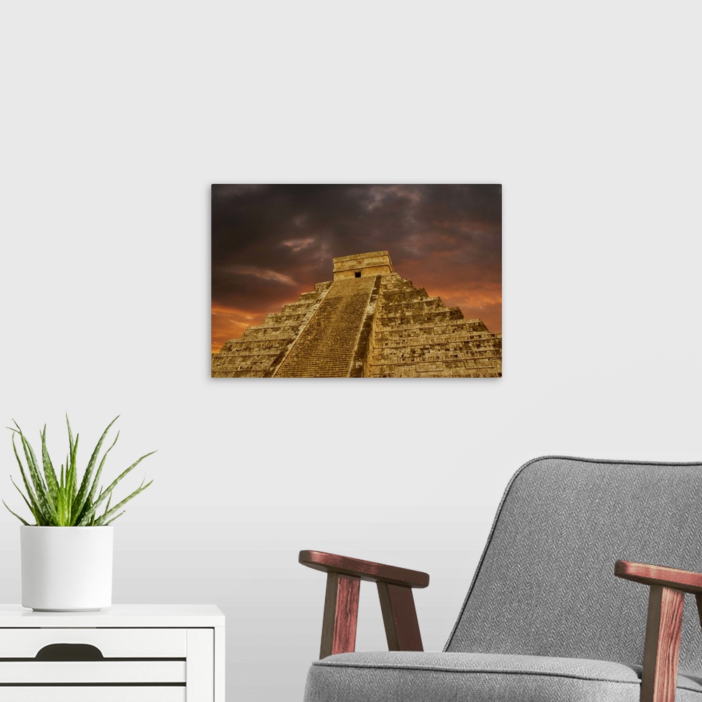 A modern room featuring The Mayan monument of Chichen Itza Pyramid