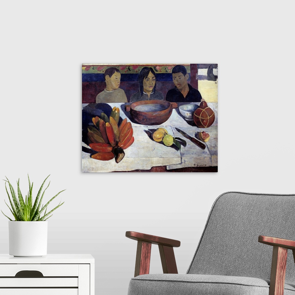 A modern room featuring The Meal also called The Bananas. Young Tahitians sitting behind the table. Painting by Paul Gaug...