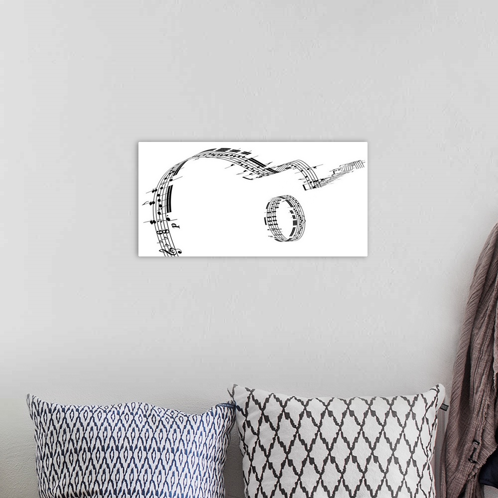 A bohemian room featuring A stream of music notes runs across this print with a circle of music notes just below it making ...