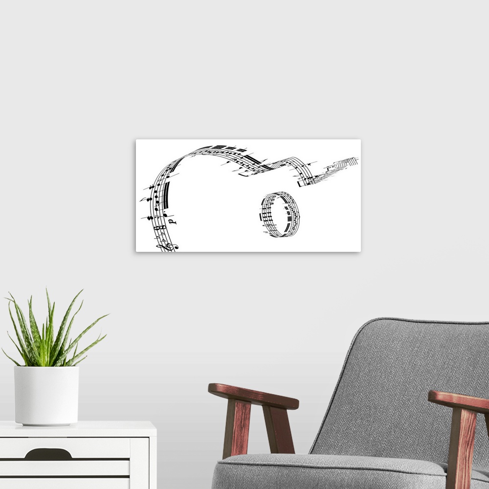 A modern room featuring A stream of music notes runs across this print with a circle of music notes just below it making ...