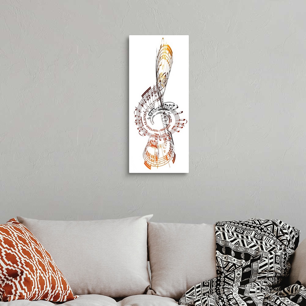 A bohemian room featuring Abstract image of a big musical note made up of musical notes.