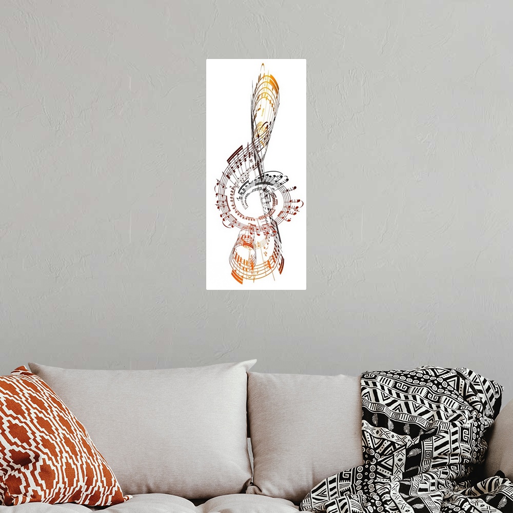 A bohemian room featuring Abstract image of a big musical note made up of musical notes.