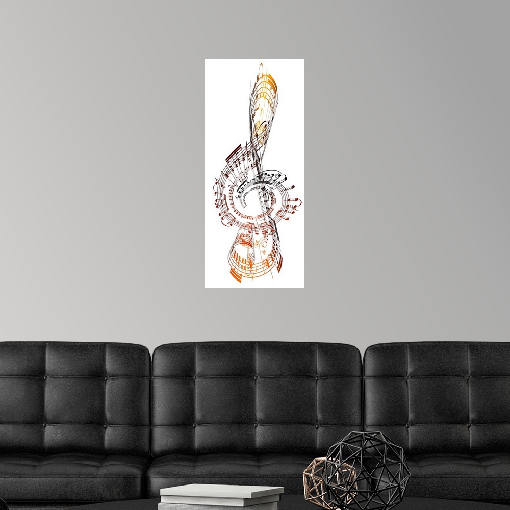 A modern room featuring Abstract image of a big musical note made up of musical notes.