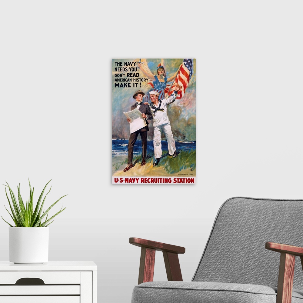 A modern room featuring The Navy Needs You, U.S. Navy Recruiting Station Poster By James Montgomery Flagg
