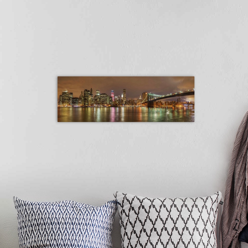 A bohemian room featuring A panorama of the New York City skyline from the Brooklyn Promenade.