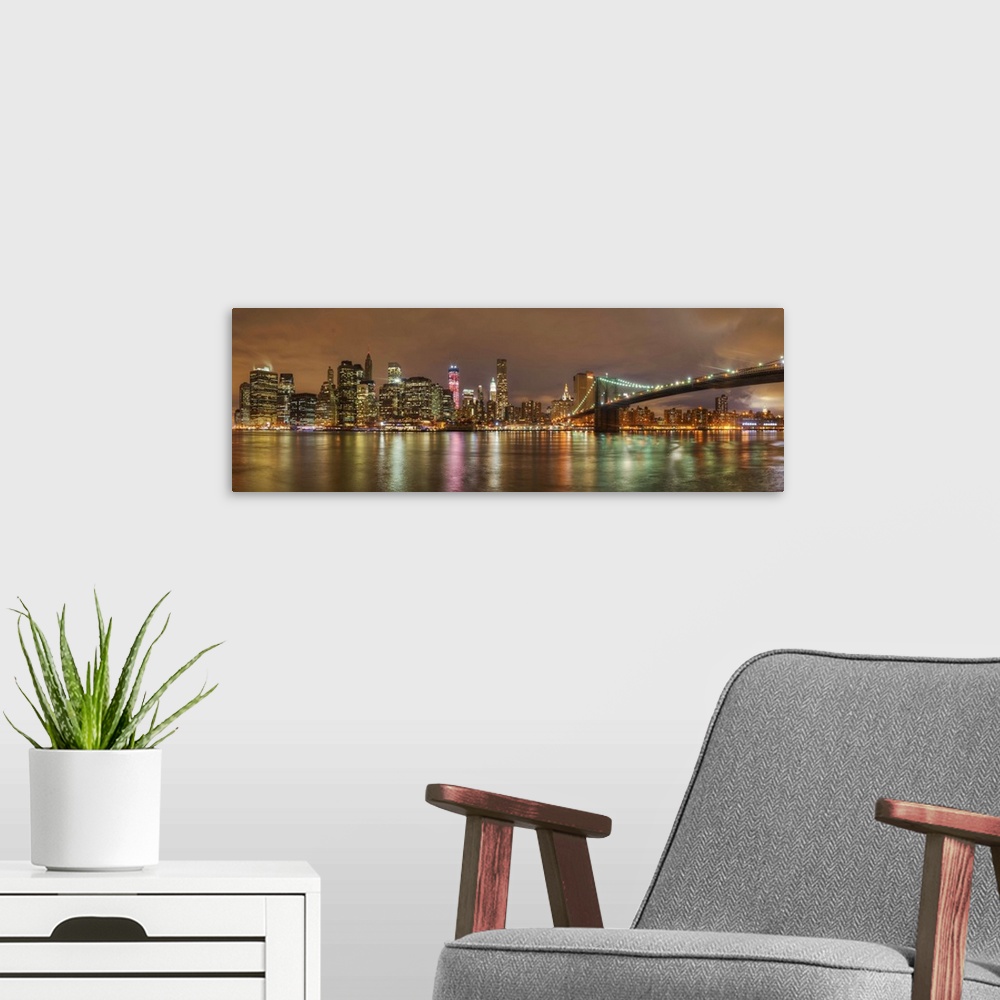 A modern room featuring A panorama of the New York City skyline from the Brooklyn Promenade.