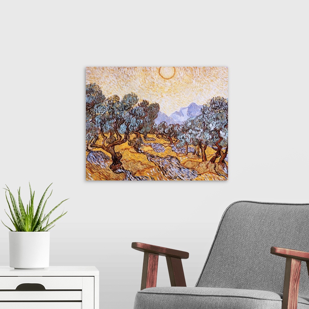 A modern room featuring The Olive Trees By Vincent Van Gogh