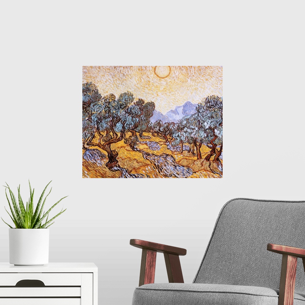 A modern room featuring The Olive Trees By Vincent Van Gogh
