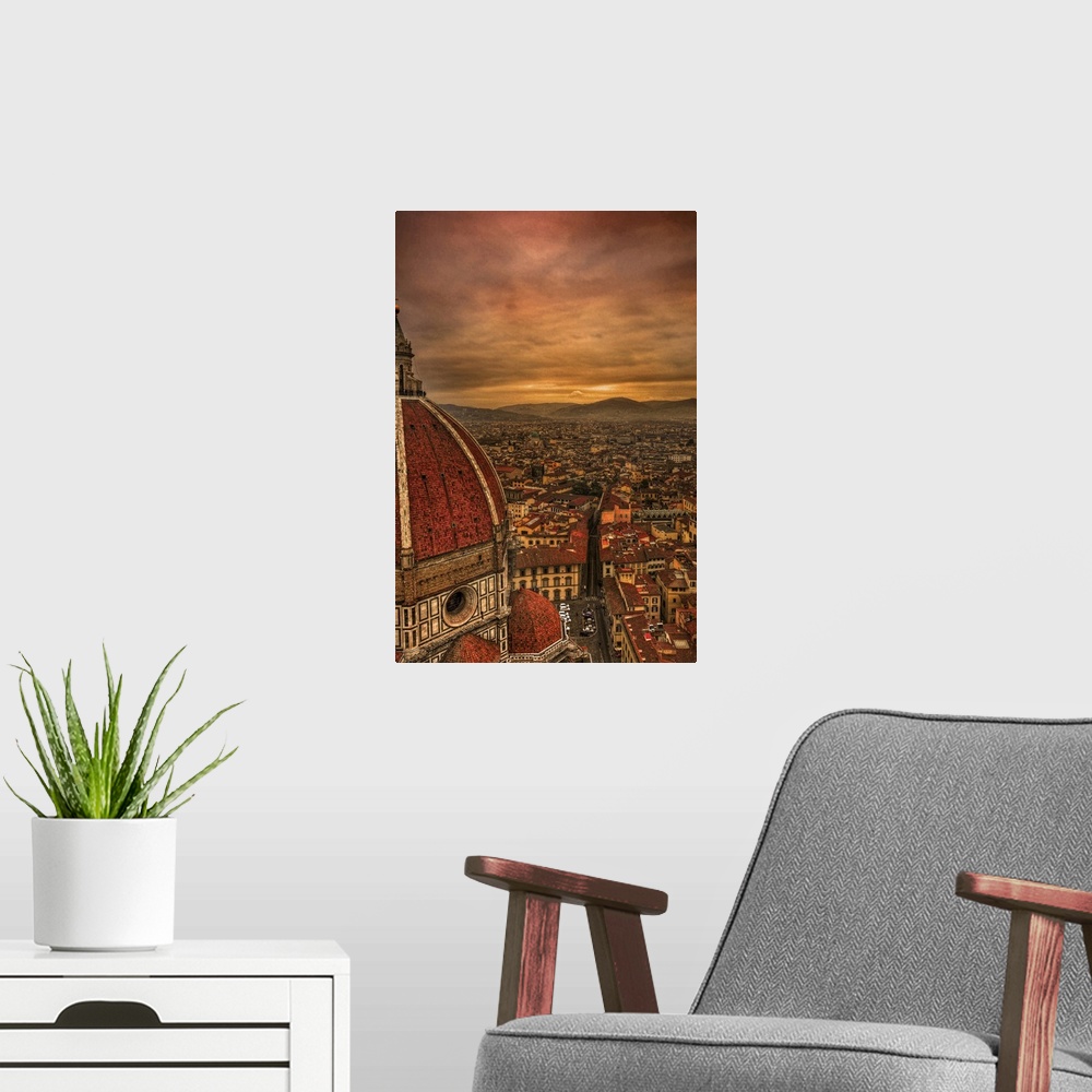 A modern room featuring Tall canvas photo of vintage Italian buildings with rolling mountains in the distance.