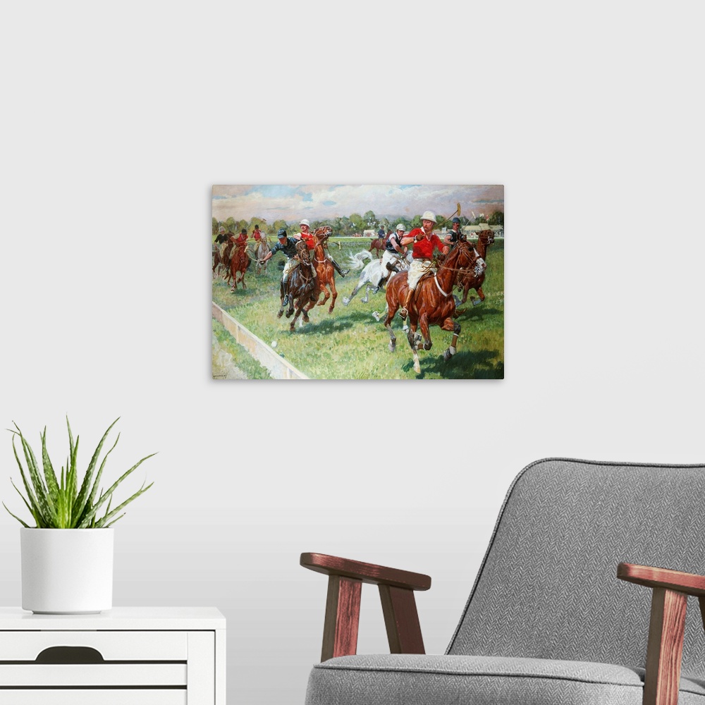 A modern room featuring The Polo Game by Ludwig Koch