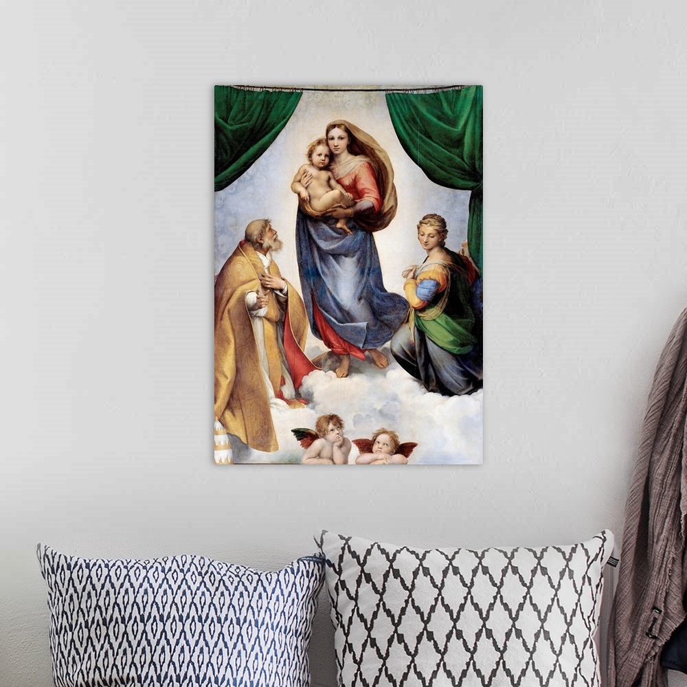 A bohemian room featuring Raphael (Italian, 1483-1520), The Sistine Madonna, 1512-13, oil on panel, 269.5 x 201 cm (106.1 x...