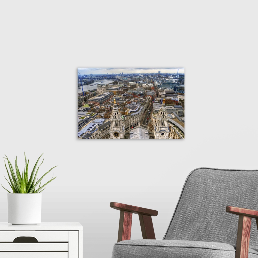 A modern room featuring The skyline of central London viewed from St Pauls Cathedral London UK.