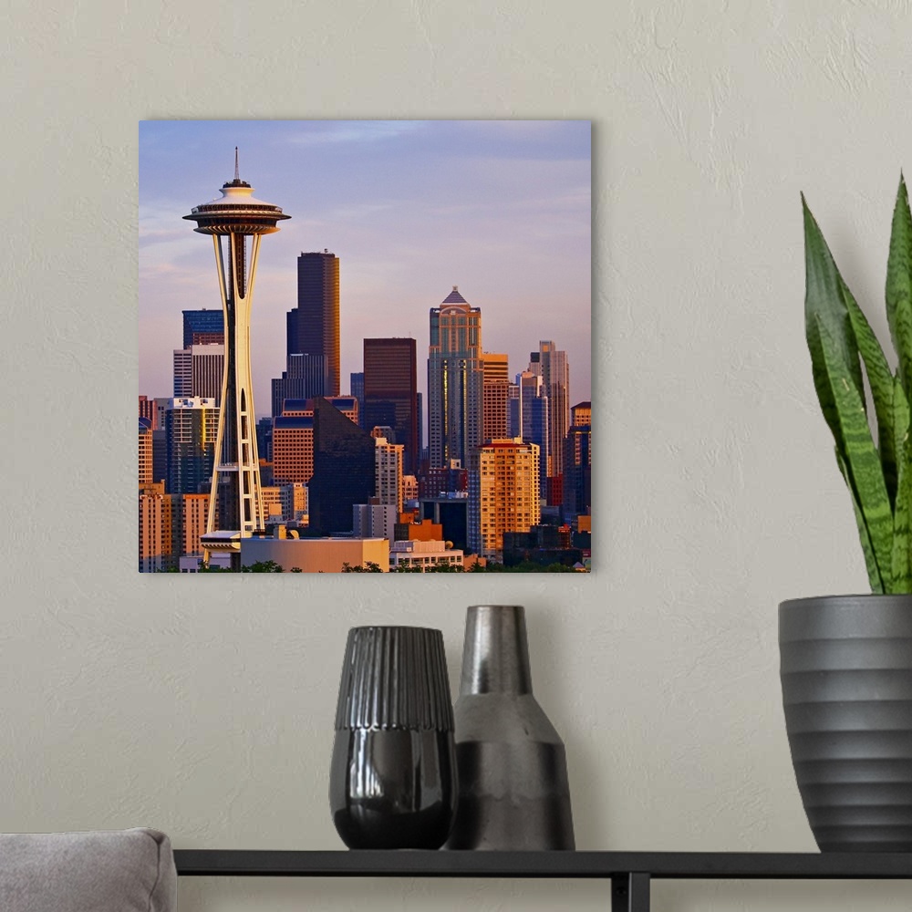 A modern room featuring The Space Needle is a tower at dusk in Seattle, Washington.