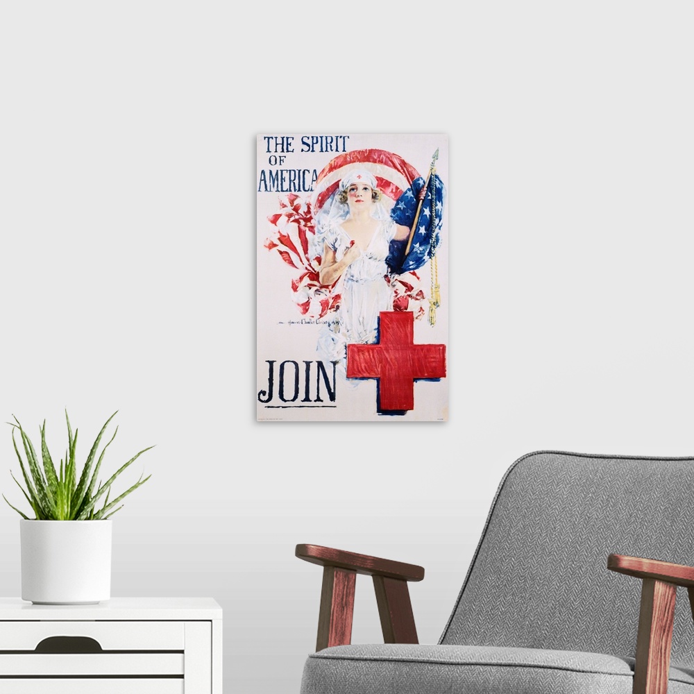 A modern room featuring The Spirit Of America Recruitment Poster By Howard Chandler Christy