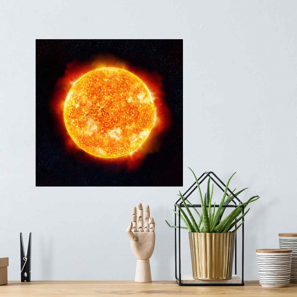 A bohemian room featuring The Sun showing solar flares against a star background. Close-up
