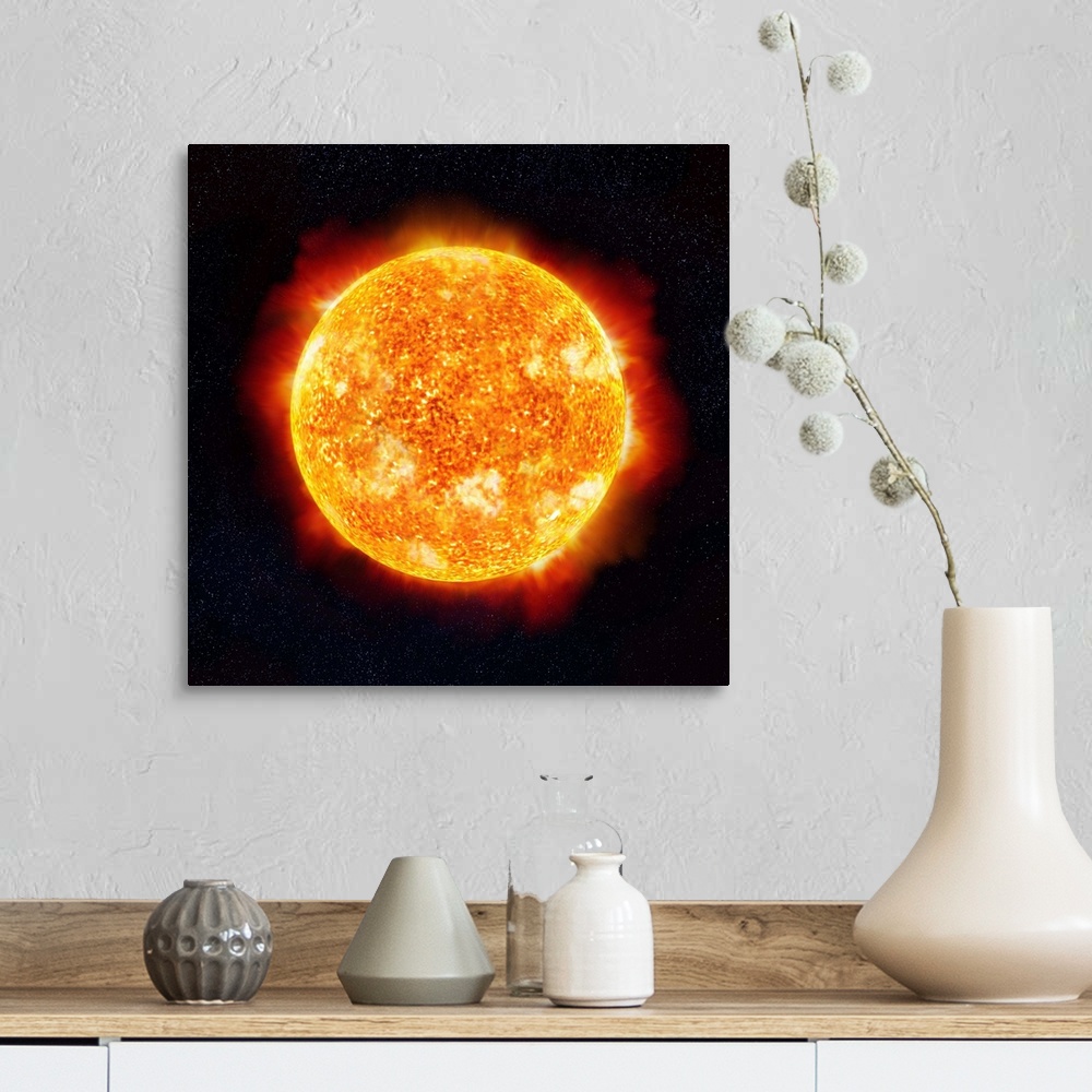 A farmhouse room featuring The Sun showing solar flares against a star background. Close-up