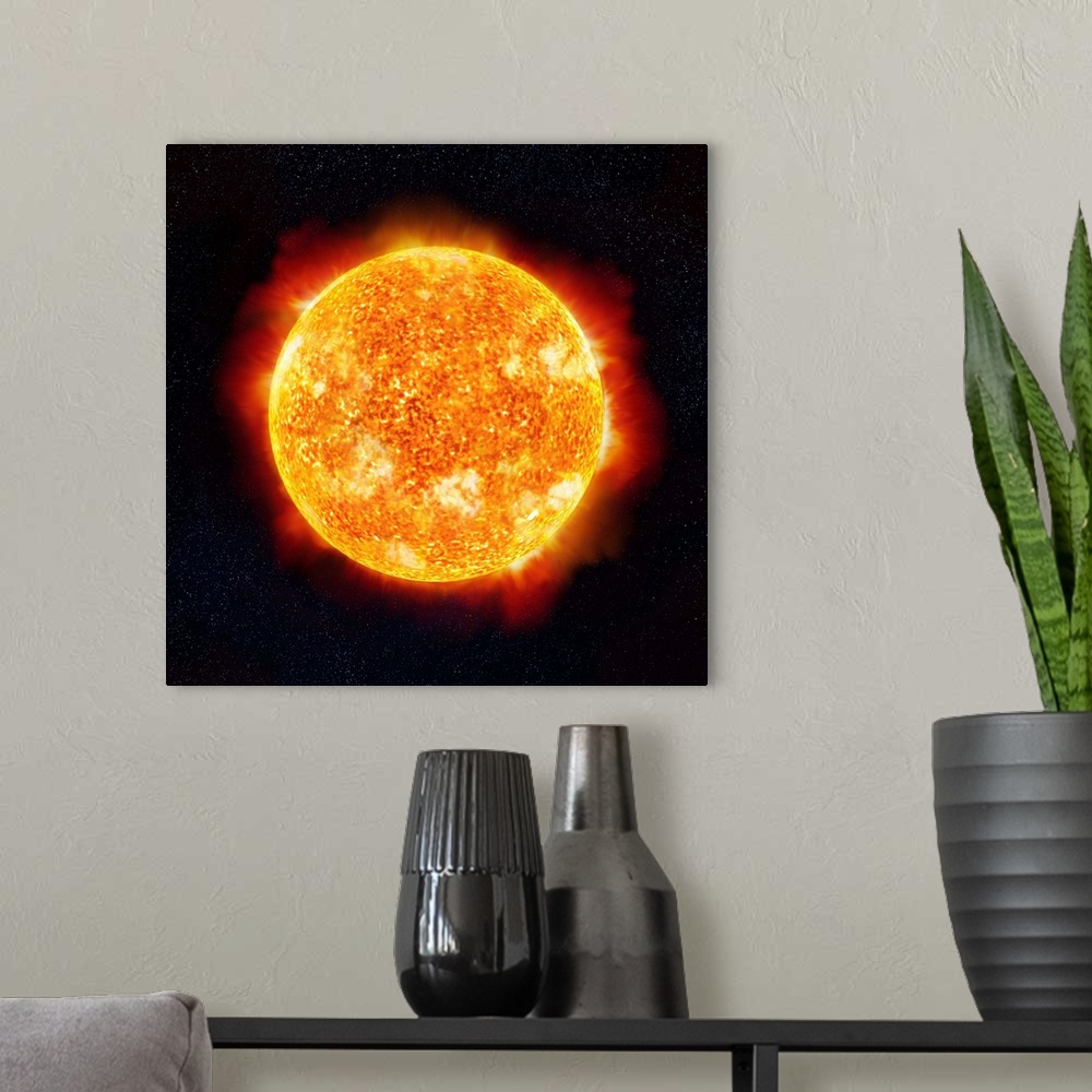 A modern room featuring The Sun showing solar flares against a star background. Close-up