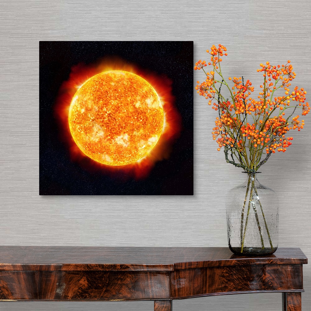 A traditional room featuring The Sun showing solar flares against a star background. Close-up