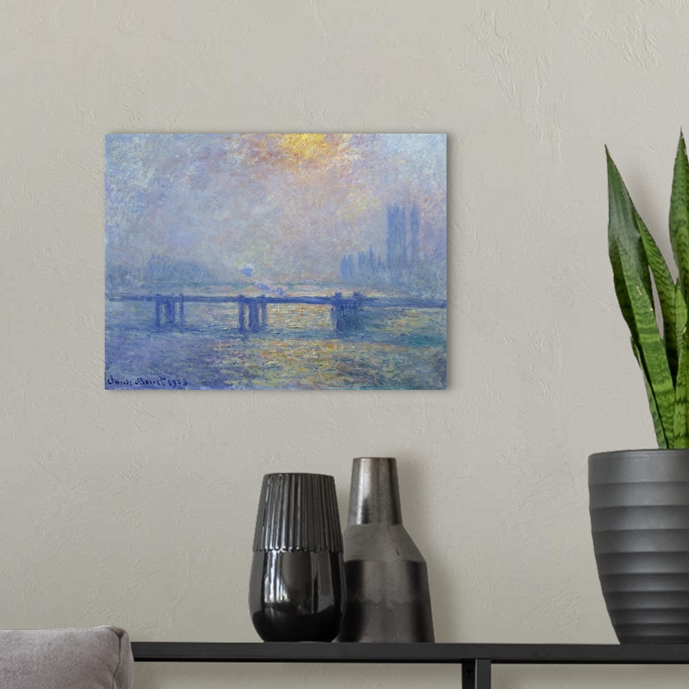 A modern room featuring The Thames at Charing Cross Bridge, London. Painting by Claude Monet (1840-1926), 1903. Beaux-Art...