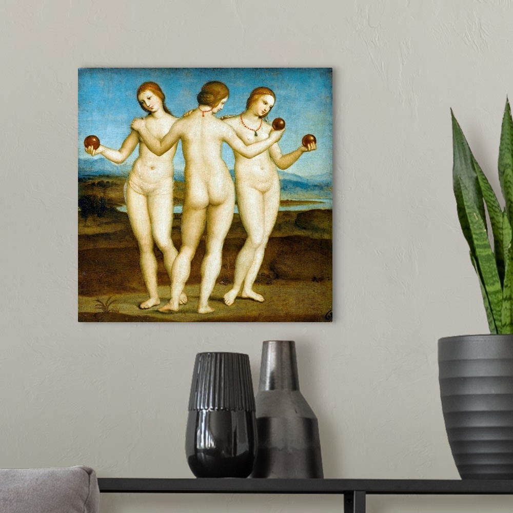 A modern room featuring The Three Graces By Raphael