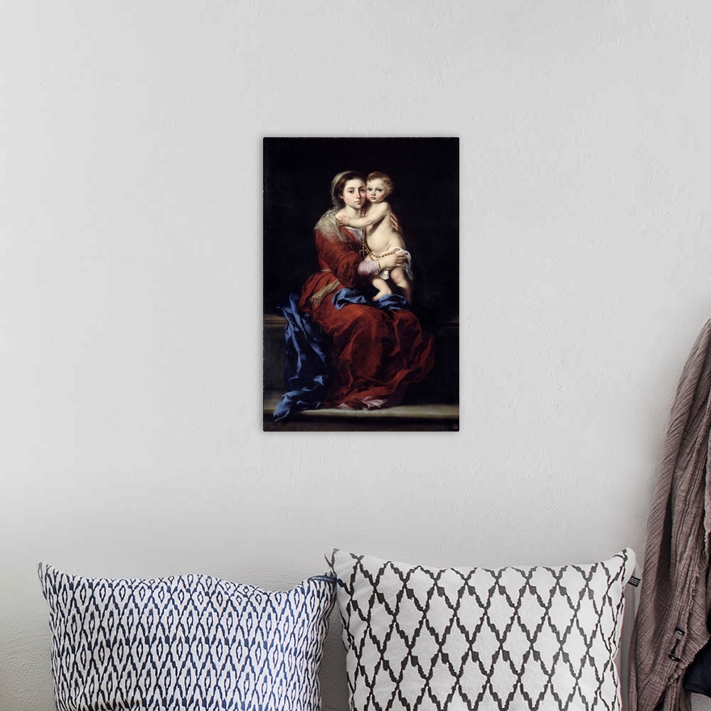 A bohemian room featuring The Virgin of the Rosary. Madonna with the child. Painting by Bartolome Esteban Murillo (1618-168...
